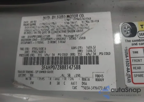 2008 Ford Fusion Se из США, поврежденный, VIN 3FAHP07Z88R147588